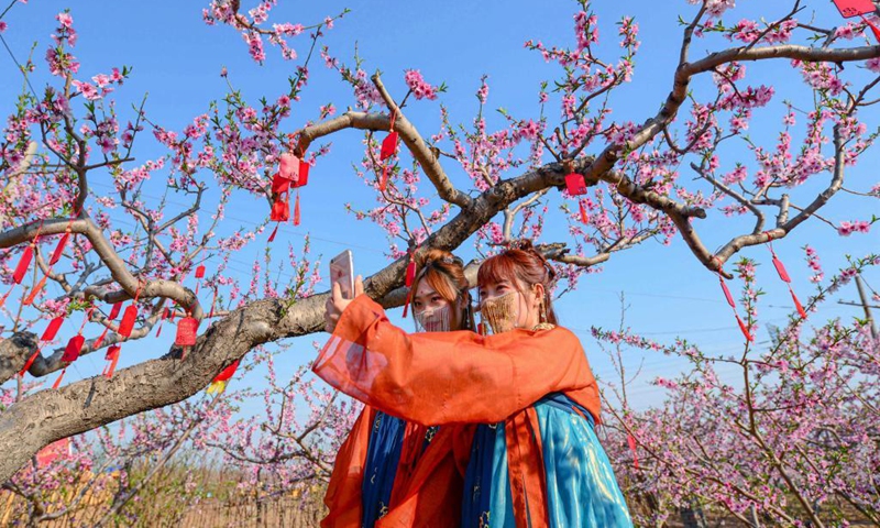 Tourists take selfies at a peach garden demonstration area in Nanbu Township of Handan City, north China's Hebei Province, April 4, 2021. Peach blossoms are in full bloom in Nanbu Township, attracting many tourists. (Xinhua/Wang Xiao)