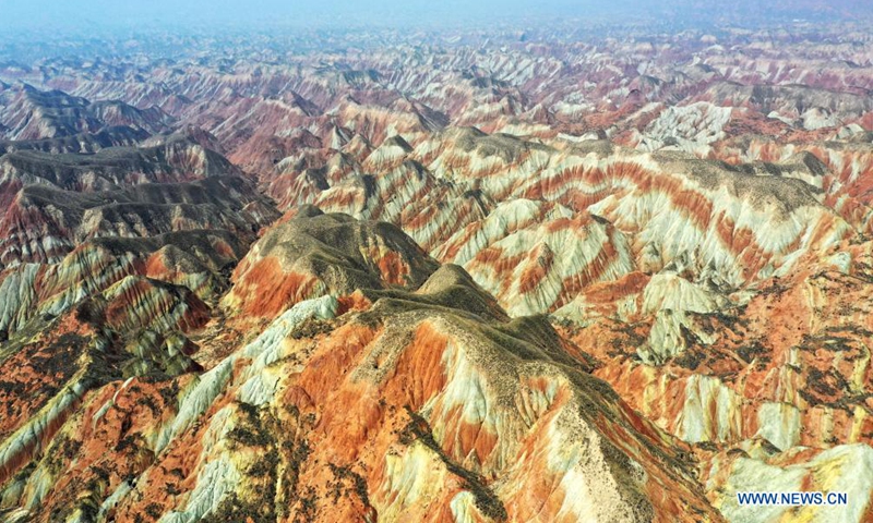 Aerial photo taken on April 5, 2021 shows a view of Lanzhou Shuimo Danxia Scenic Spot soon to be opened to tourists in Lanzhou, northwest China's Gansu Province. (Photo:Xinhua)