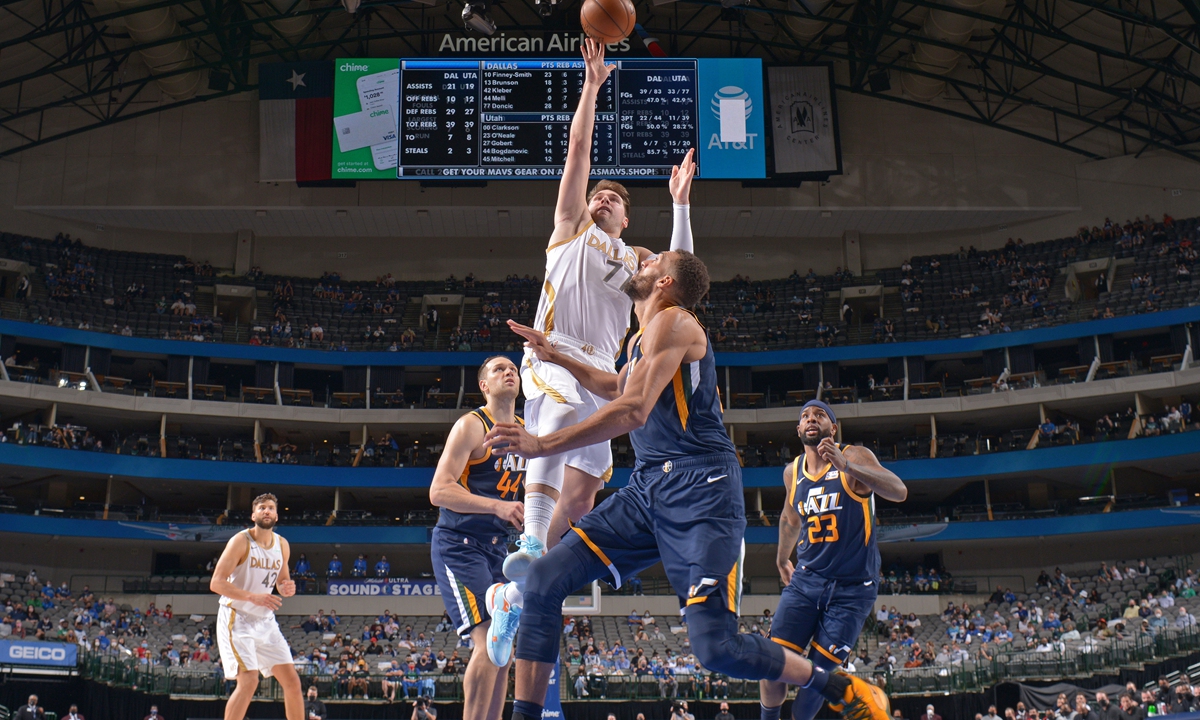 Luka Doncic of the Dallas Mavericks drives to the basket against the Utah Jazz on Monday in Dallas, Texas. Photo: VCG