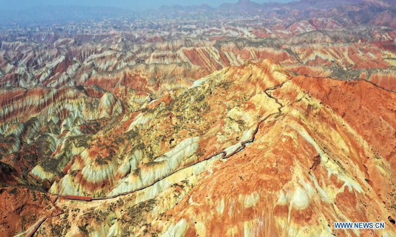 Aerial photo taken on April 5, 2021 shows a view of Lanzhou Shuimo Danxia Scenic Spot soon to be opened to tourists in Lanzhou, northwest China's Gansu Province. (Photo:Xinhua)