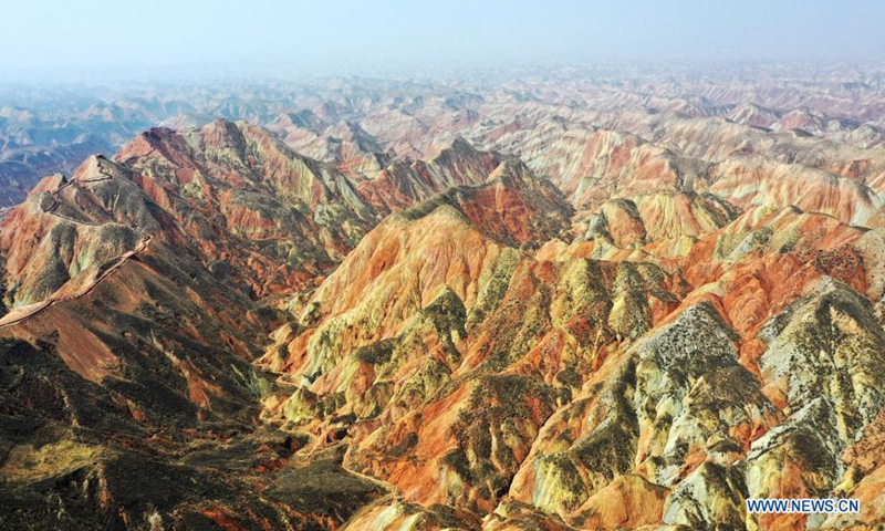 Aerial photo taken on April 5, 2021 shows a view of Lanzhou Shuimo Danxia Scenic Spot soon to be opened to tourists in Lanzhou, northwest China's Gansu Province. (Photo:Xinhua)