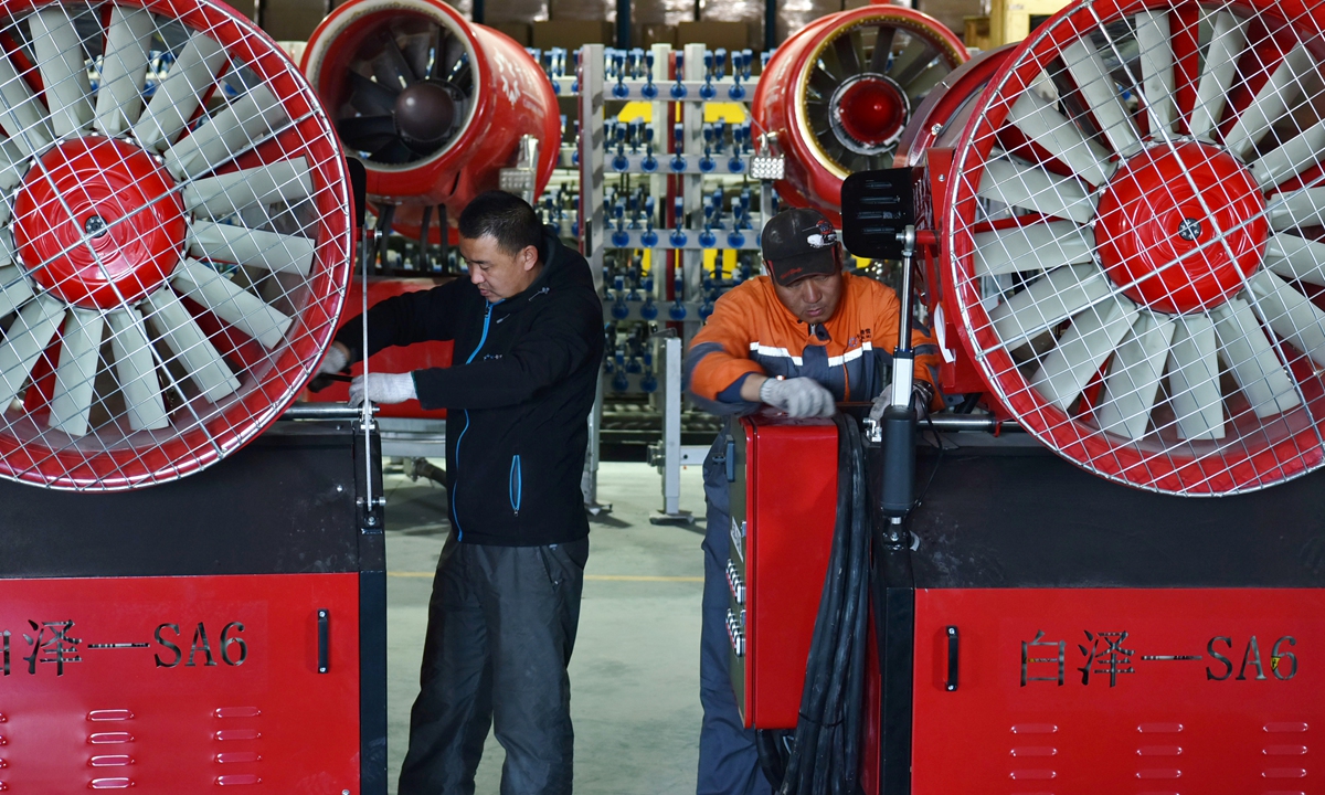 A view of a ski equipment manufacturing company in Zhangjiakou, North China's Hebei Province on Wednesday. China's ski market is about to see rising demand ahead of the Winter Olympics in Beijing. Photo:cnsphoto