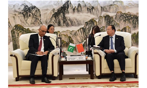 China Gezhouba Group Corp Chairman Chen Xiaohua (right) meets with Pakistani Ambassador to China Moin ul Haque in Wuhan, Central China's Hubei Province on Tuesday. Photo: Courtesy of Pakistan Embassy in Beijing