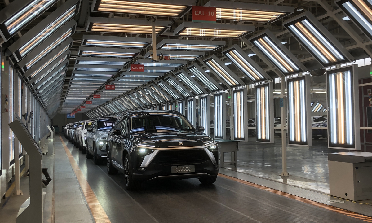 Nio's 100,000th production vehicle ES8 rolls off the assembly line on Wednesday in Hefei, capital of East China's Anhui Province. Photo: Zhang Hongpei/GT