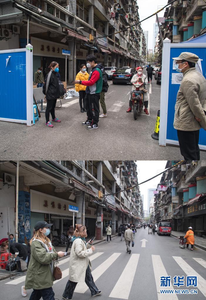 In the upper half of the combo photo, citizens show their digital health code to pass a station on Baocheng Road, Wuhan, April 1, 2020. The lower half shows the same location on April 4, 2021. Photo: Xinhua