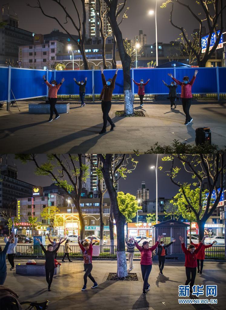 Combo photo shows residents of Huanbao neighborhood community dancing in the square after dinner on April 2, 2020, and on April 4, 2021. Photo: Xinhua