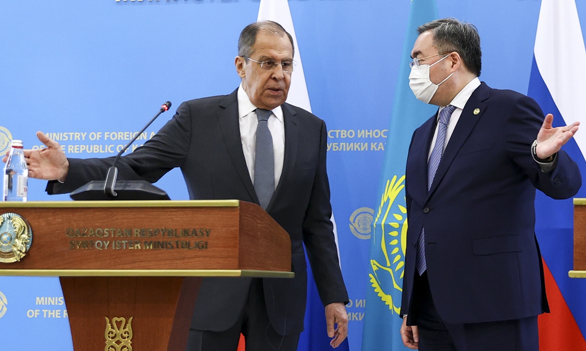 Russian Foreign Minister Sergey Lavrov (left) and Kazakh Foreign Minister Mukhtar Tleuberdi gesture as they leave a joint news conference following talks at the Ministry of Foreign Affairs in Nur-Sultan, Kazakhstan, on Thursday. Lavrov says Russia will respond to Washington's unfriendly move. Photo: VCG