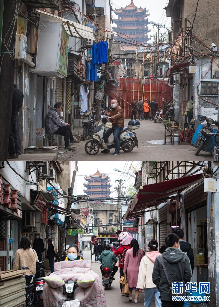 Combo photo shows a street in Wuhan Xichenghao residential community during the lockdown on April 2, 2020, and a year after the lockdown on April 5, 2021. Photo: Xinhua