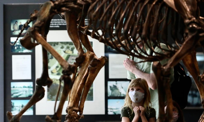 A child visits the La Brea Tar Pits and Museum in Los Angeles, California, the United States, on April 8, 2021. After more than a year of COVID-19 closure, the La Brea Tar Pits and Museum in Los Angeles reopened to the public on Thursday. Museums, galleries, botanical gardens, zoos and aquariums in Los Angeles County are allowed to reopen their indoor spaces to the public at 50 percent maximum indoor occupancy after the county enters the Orange Tier.Photo:Xinhua