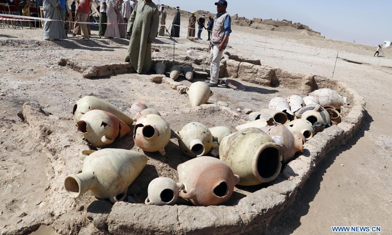 Photo taken on April 10, 2021 shows pottery vessels unearthed from the archeological site of the Lost Gold City in Luxor, Egypt. An Egyptian archeological mission announced on Thursday the discovery of a 3,000-year-old Lost Gold City (LGC) in Egypt's monument-rich city of Luxor.(Photo: Xinhua)