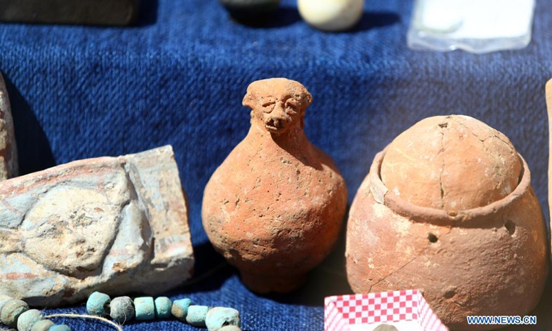 Photo taken on April 10, 2021 shows cultural relics unearthed from the archeological site of the Lost Gold City in Luxor, Egypt. An Egyptian archeological mission announced on Thursday the discovery of a 3,000-year-old Lost Gold City (LGC) in Egypt's monument-rich city of Luxor.(Photo: Xinhua)