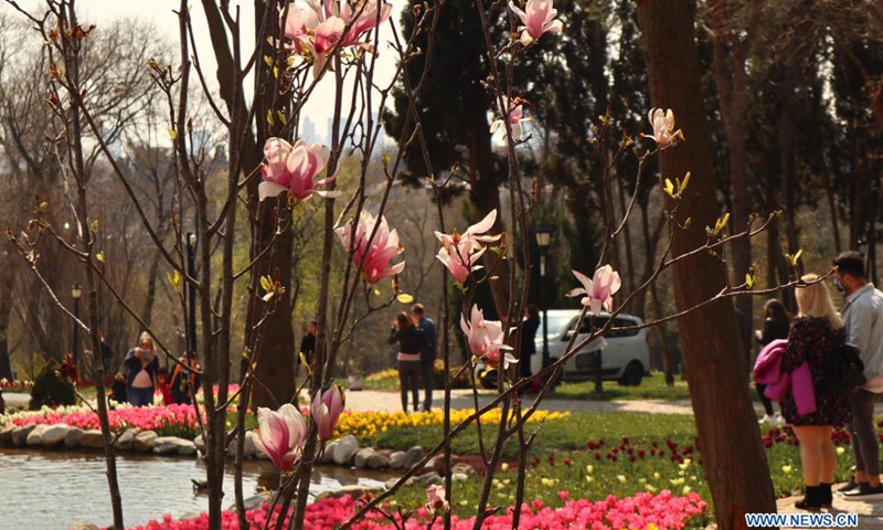 People enjoy their leisure time in a park in Istanbul, Turkey, April 12, 2021. (Xinhua/Xu Suhui)