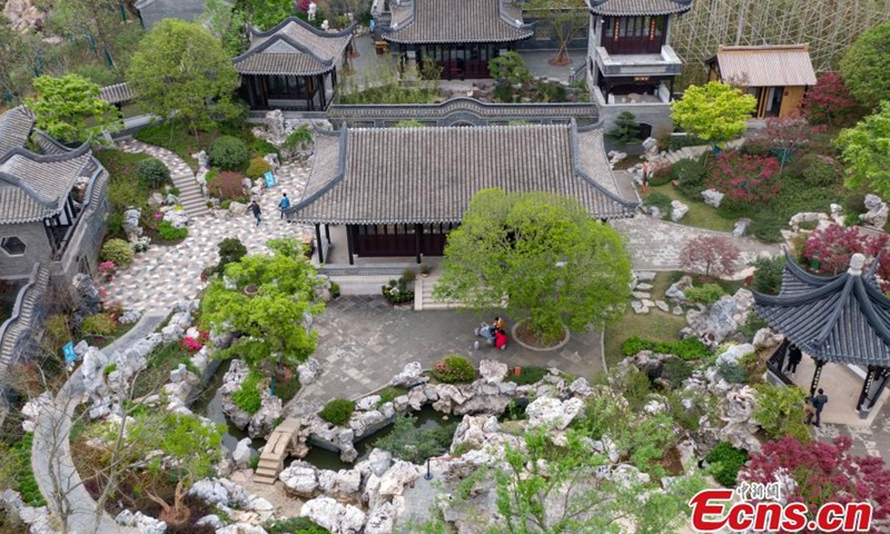Aerial photo taken on April 14, 2021 shows the 11th Jiangsu Horticultural Expo in Nanjing, east China's Jiangsu Province. The Expo will be opened on April 16th. Through ecological garden technology, green development, and multicultural integration, it aims to create a high-quality garden with comprehensive functions such as horticulture display, leisure experience, and exhibition. Photo: China News Service