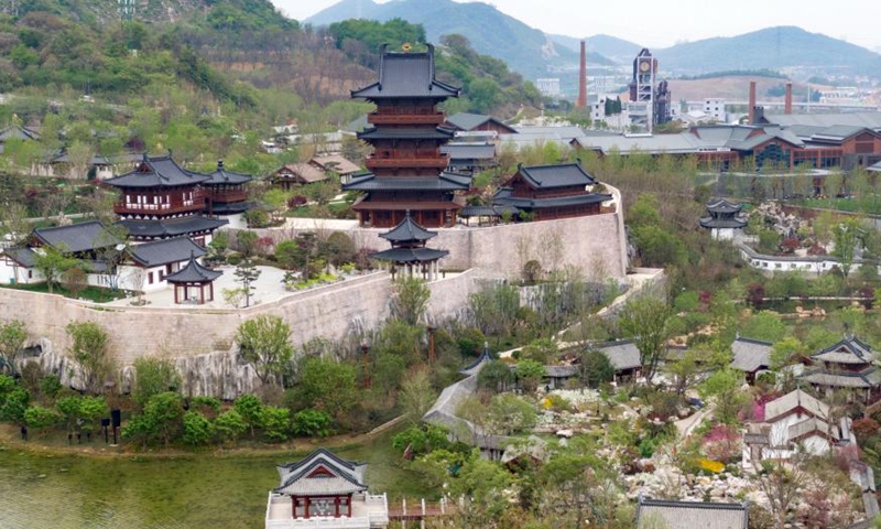 Aerial photo taken on April 14, 2021 shows the 11th Jiangsu Horticultural Expo in Nanjing, east China's Jiangsu Province. The Expo will be opened on April 16th. Through ecological garden technology, green development, and multicultural integration, it aims to create a high-quality garden with comprehensive functions such as horticulture display, leisure experience, and exhibition. Photo: China News Service
