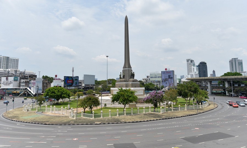 Photo taken on April 13, 2021 shows the Victory Monument during the Songkran festival in Bangkok, Thailand.(Photo: Xinhua)