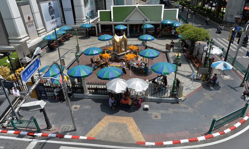 Photo taken on April 13, 2021 shows the Erawan Shrine during the Songkran festival in Bangkok, Thailand.(Photo: Xinhua)