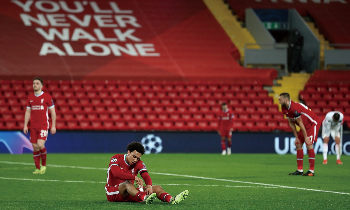 Liverpool players react after their defeat to Real Madrid on Wednesday. Photo: VCG