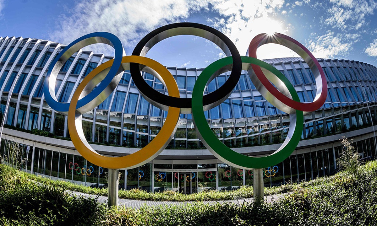 A picture taken on June 18, 2019 in Lausanne shows The Olympic Rings displayed at the entrance of the new International Olympic Committee headquarters. Photo: VCG