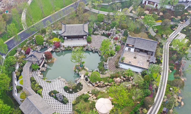 Aerial photo taken on April 16, 2021 shows the Garden Expo Park in Jiangning District of Nanjing, east China's Jiangsu Province. The 11th Horticultural Exposition of Jiangsu Province opened in Jiangning, Nanjing, on Thursday. Jiangsu Garden Expo Park is built on abandoned mine pits. Through the revitalization of industrial remains, the once abandoned mine has become an urban oasis where man and nature coexist harmoniously.  Photo: Xinhua