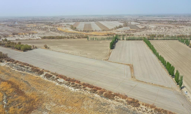 Aerial photo taken on April 13, 2021 shows cotton fields in Tungqeka Village of Xingping Township, Yuli County, Bayingolin Mongolian Autonomous Prefecture, northwest China's Xinjiang Uygur Autonomous Region.Photo:Xinhua