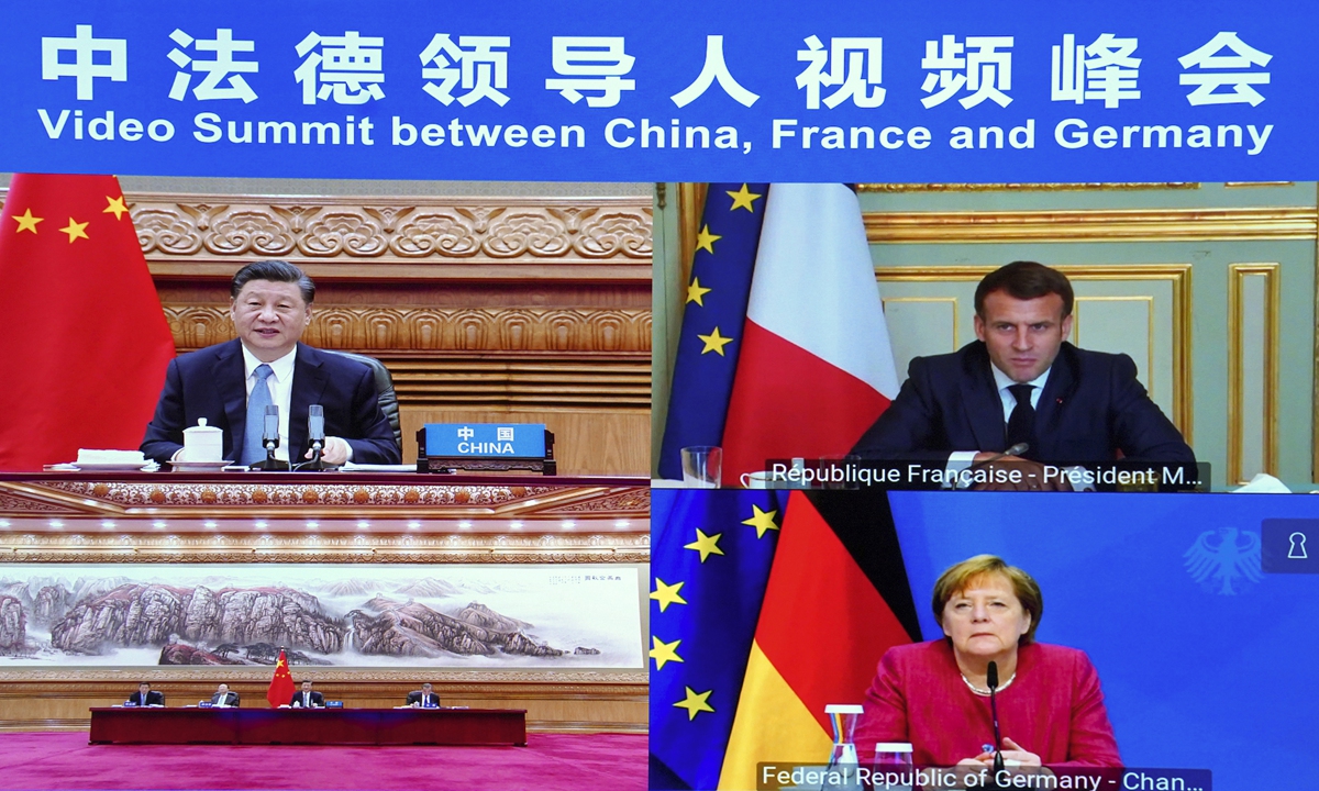 Chinese President Xi Jinping, French President Emmanuel Macron and German Chancellor Angela Merkel hold a virtual meeting Friday on climate change, China-Europe relations, anti-epidemic cooperation, and major international and regional issues. Photo: Xinhua