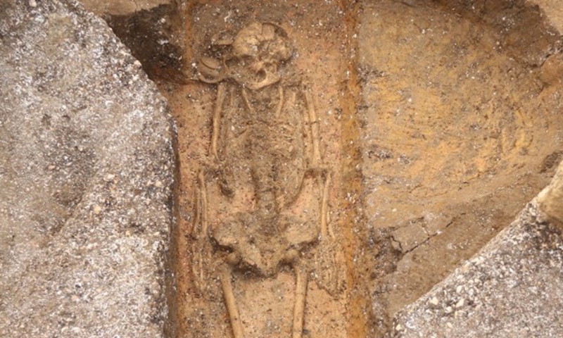 Photo taken on March 20, 2021 shows human remains found in an ancient tomb at the Jinlan Temple site in Guangzhou, capital of south China's Guangdong Province.Photo:Xinhua