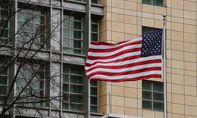 The US flag waves in the wind at the U.S. Embassy in Moscow, Russia, on April 16, 2021. Russia is expelling 10 US diplomats in tit-for-tat retaliation, Foreign Minister Sergei Lavrov said Friday.Photo:Xinhua