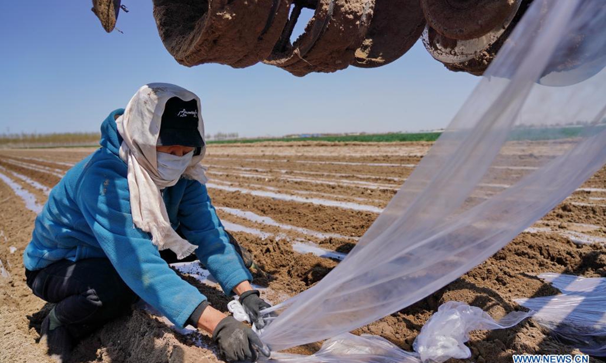 A farmer prepares mulch films at a peanut farm in Yangjiatuo Village of Luanzhou City in north China's Hebei Province, April 18, 2021. Spring sowing is in progress for the 13,000 hectares of peanut farms in Luanzhou City. (Xinhua/Mu Yu)
