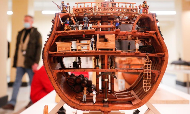 A ship model is on display during the Russian Championship and Moscow Open Cup in ship modelling in Moscow, Russia, on April 18, 2021. More than 160 models of ships and vessels, from the smallest ones 10-15 centimeters long to large models over 1.5 meters long, were presented during the competition.(Photo: Xinhua)