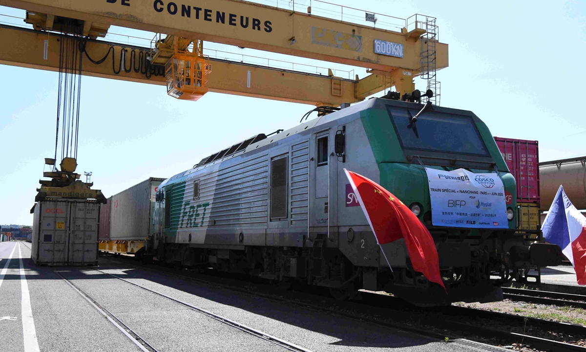 A China-Europe railway express cargo train carrying epidemic control goods arrives at a railway depot in Paris, France in June 2020. Photo: VCG