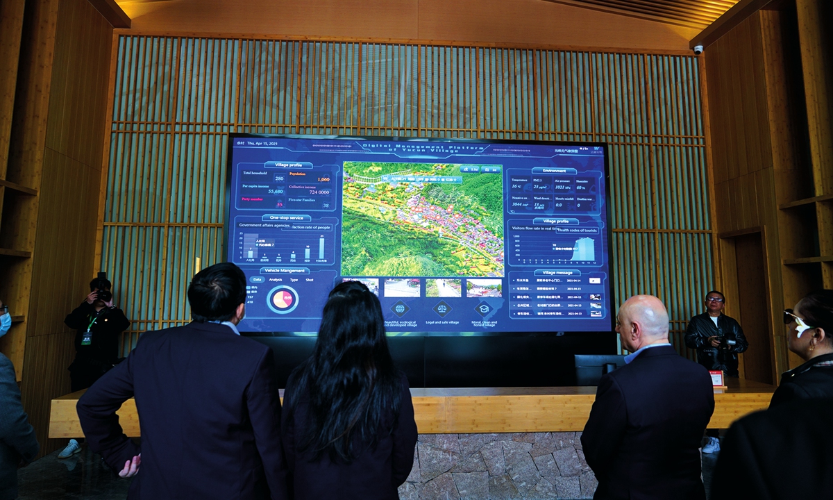 Foreign diplomats watch the digital management platform of Yucun village on April 15. 
Photo: Huang Lanlan/GT