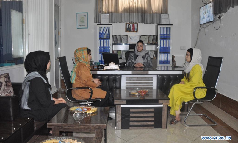 Afghan female journalists attend a meeting at the radio-television channel Ghazal in Shiberghan city, capital of Jawzjan province, Afghanistan, April 7, 2021.(Photo: Xinhua)