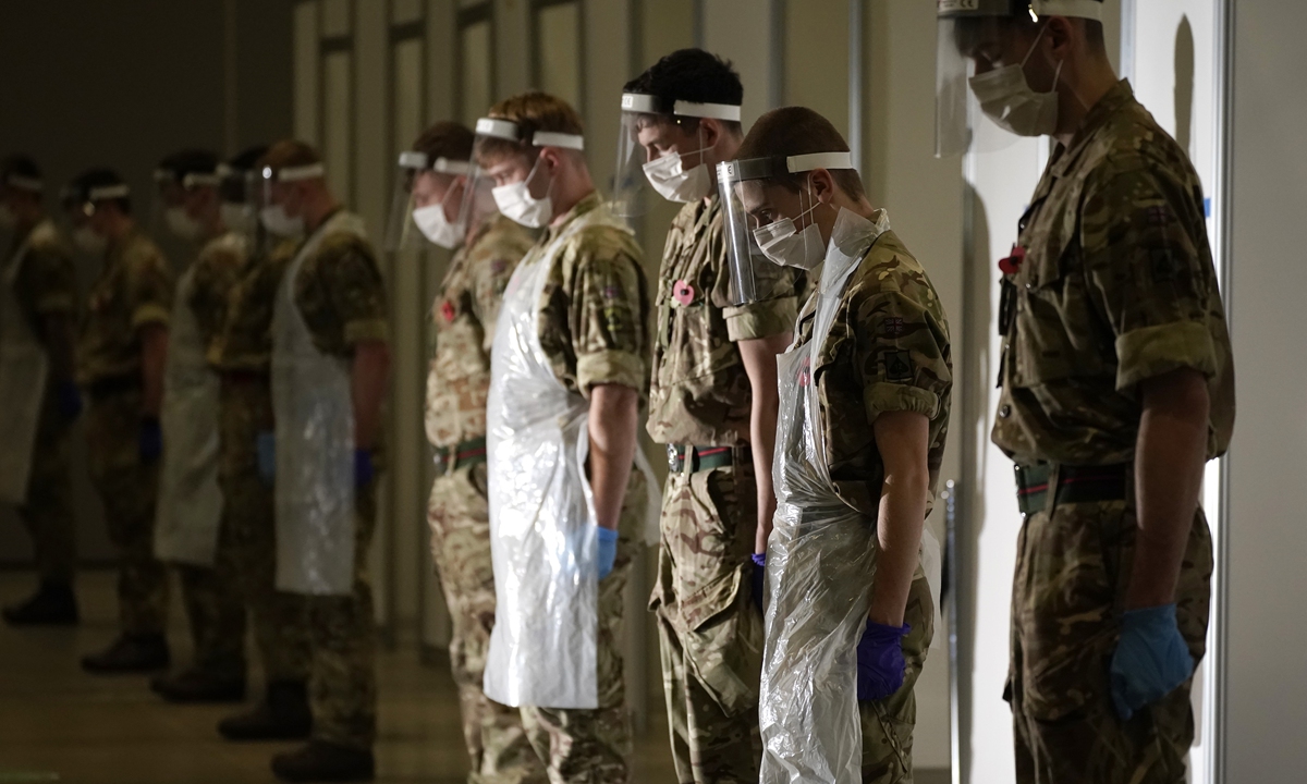 Soldiers observe a 2 minute silence to mark Remembrance Day at Liverpool Exhibition Centre, where the UK military are assisting with mass COVID-19 testing on November 11, 2020 in Liverpool, the UK. Photo: VCG