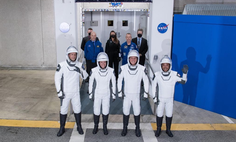 Astronauts pose for a group photo before boarding the Crew Dragon spacecraft at NASA's Kennedy Space Center in Cape Canaveral, Florida, USA, April 23, 2021. Photo: Xinhua