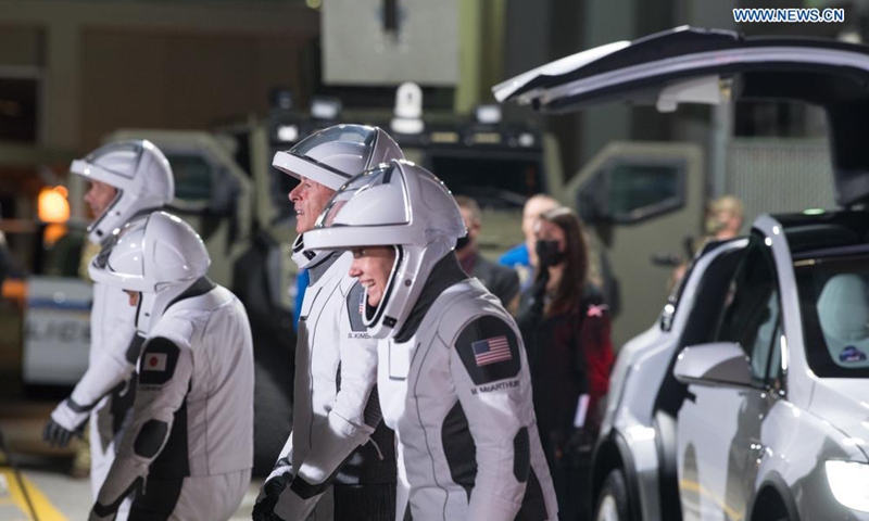 Astronauts are about to board the Crew Dragon spacecraft at NASA's Kennedy Space Center in Cape Canaveral of Florida, the United States, April 23, 2021.Photo:Xinhua