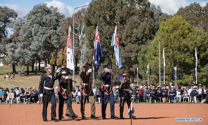 An event marking the Anzac Day is held at the Australian War Memorial in Canberra, Australia, April 25, 2021. Australia has paused to pay tribute to those who have served the country in wars, conflicts and peacekeeping operations. Thousands of people across the country on Sunday morning attended dawn services to mark Anzac Day, the national day of remembrance for troops in Australia and New Zealand.(Photo:Xinhua)