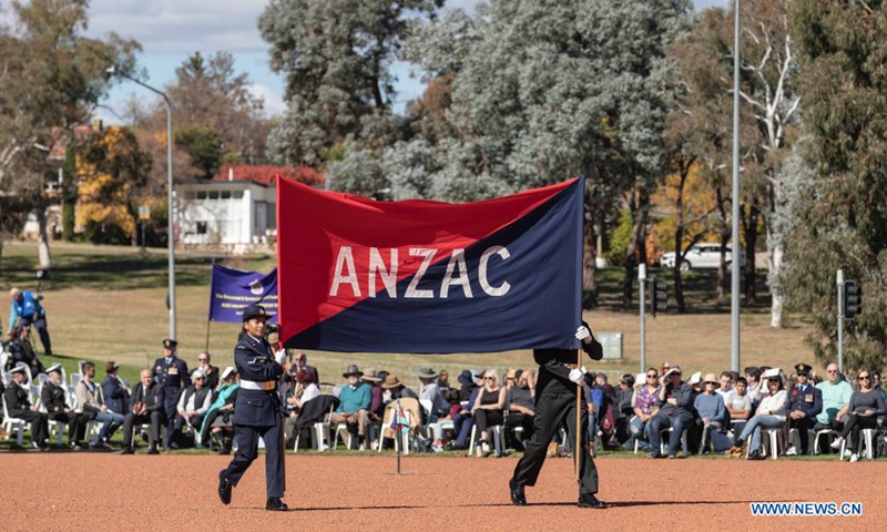 An event marking the Anzac Day is held at the Australian War Memorial in Canberra, Australia, April 25, 2021. Australia has paused to pay tribute to those who have served the country in wars, conflicts and peacekeeping operations. Thousands of people across the country on Sunday morning attended dawn services to mark Anzac Day, the national day of remembrance for troops in Australia and New Zealand.(Photo:Xinhua)
