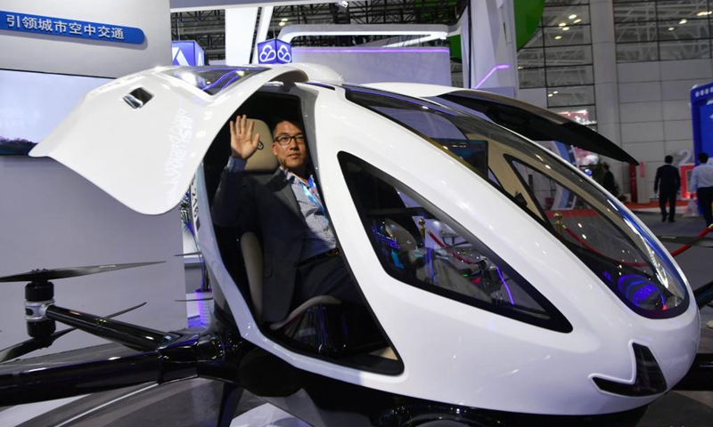 A manned autopilot aircraft is exhibited at the digital achievements exhibition during the fourth Digital China Summit in Fuzhou, southeast China's Fujian Province, April 25, 2021. (Photo: Xinhua)