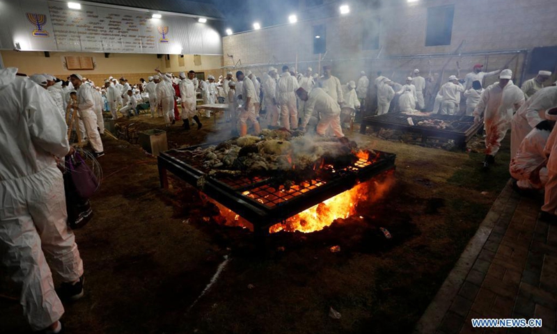 Members of the Samaritan sect participate in the traditional Passover sacrifice on Mount Gerizim, near the West Bank city of Nablus, on April 25, 2021.(Photo: Xinhua)