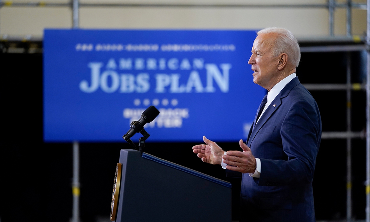 US President Joe Biden delivers a speech on a $2 trillion infrastructure spending at Carpenters Pittsburgh Training Center on Wednesday in Pittsburgh. Photo: VCG