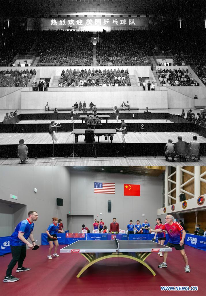 Combination photo shows players of China and the United States competing in a table tennis friendly match in Beijing, capital of China, April 13, 1971 (up), and players of China and the United States competing in a friendly match to commemorate the 50th anniversary of the Ping-Pong Diplomacy between the two countries at the International Table Tennis Federation Museum in Shanghai, east China, April 10, 2021.(Photo: Xinhua)