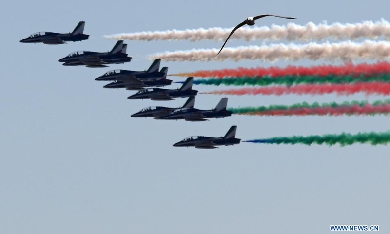 The Italian aerobatic squad Frecce Tricolori performs during a ceremony to mark Italy's Liberation Day in Rome, Italy, April 25, 2021.(Photo: Xinhua)