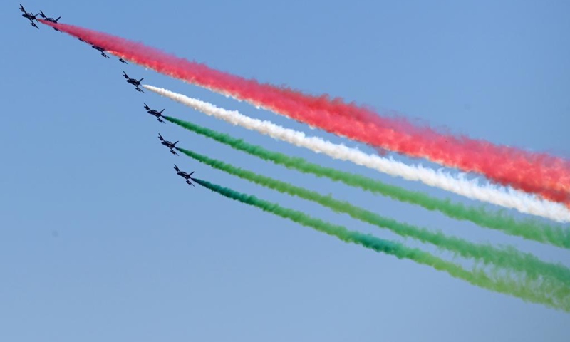 The Italian aerobatic squad Frecce Tricolori performs during a ceremony to mark Italy's Liberation Day in Rome, Italy, April 25, 2021.(Photo: Xinhua)