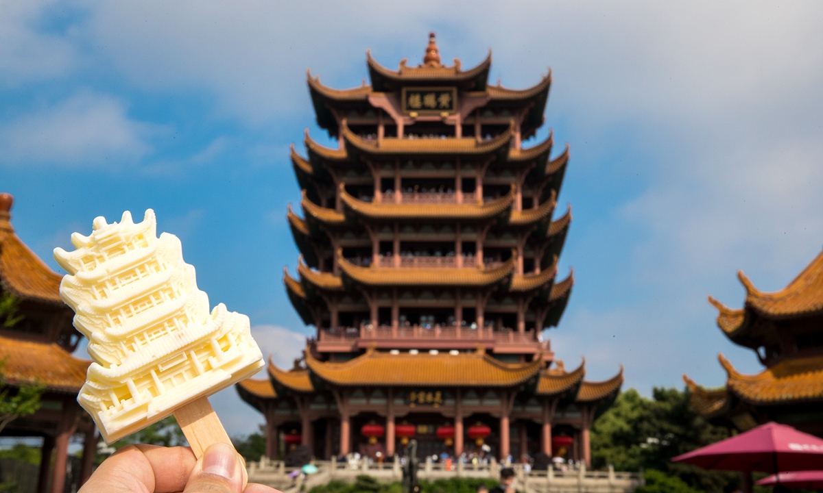 An ice cream made in the shape of the Yellow Crane Tower in Wuhan, Central China's Hubei Province, has become an online sensation since it appeared in April. Photo: IC