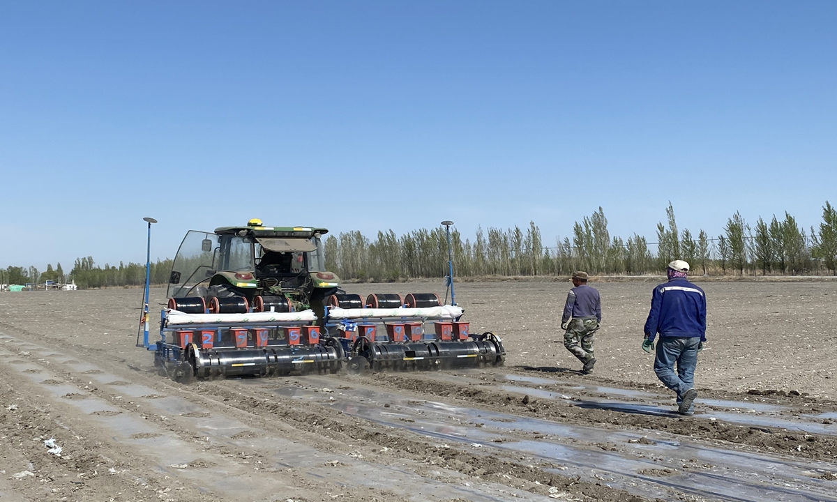 Two farmers follow a self-driven seeding machine on a cotton field in Shihezi, Xinjiang on April 21. Photo: Zhang Dan/GT