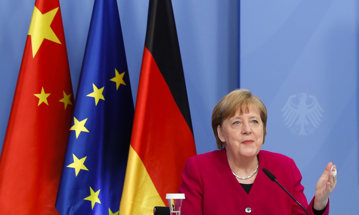 German Chancellor Angela Merkel attends virtual talks as part of the Sixth German-Chinese Government Consultations on April 28, 2021 in Berlin, Germany. Chinese Premier Li Keqiang and German Chancellor Angela Merkel co-chaired the sixth round of intergovernmental consultations via video link on Wednesday. Photo: VCG