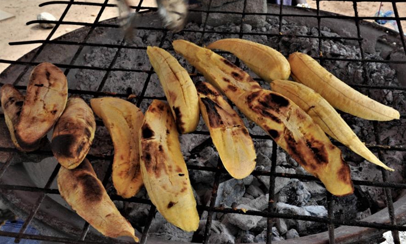 Photo shows roasted plantains for sale in a street in Accra, capital of Ghana, on April 27, 2021.Photo:Xinhua