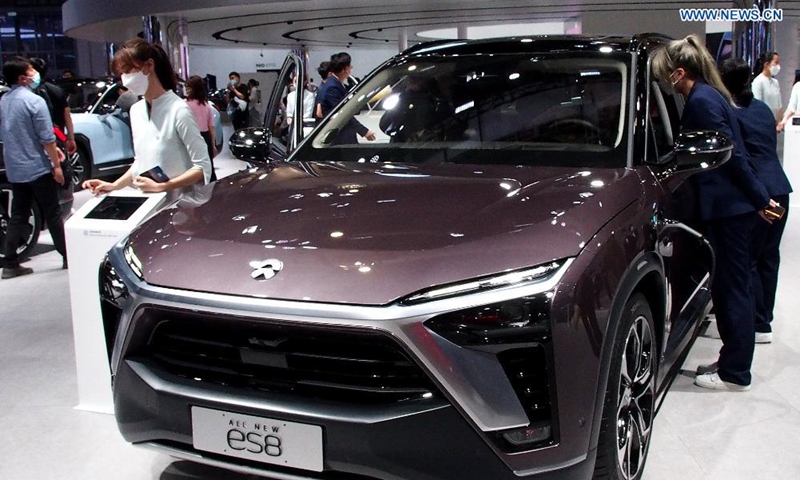 A NIO ES8 electric SUV is displayed at the 19th International Automobile Industry Exhibition (Auto Shanghai 2021) in Shanghai, east China, April 28, 2021.Photo:Xinhua