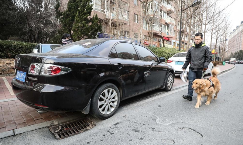Visually impaired man Wen Shipeng walks with his guide dog in Dalian, northeast China's Liaoning Province, Jan. 13, 2020.Photo:Xinhua