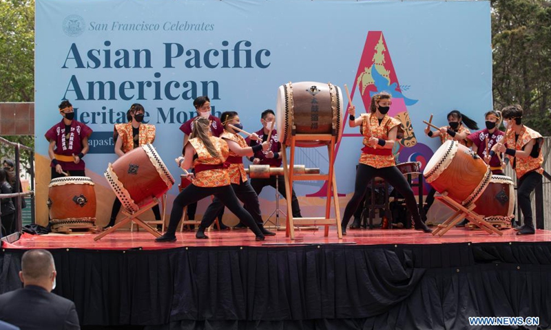 People attend the opening ceremony of Asian Pacific American Heritage Month in San Francisco, the United States, May 1, 2021. The Asian Pacific American Heritage Month of San Francisco which includes over 50 events kicked off here on Saturday. (Photo by Li Jianguo/Xinhua)